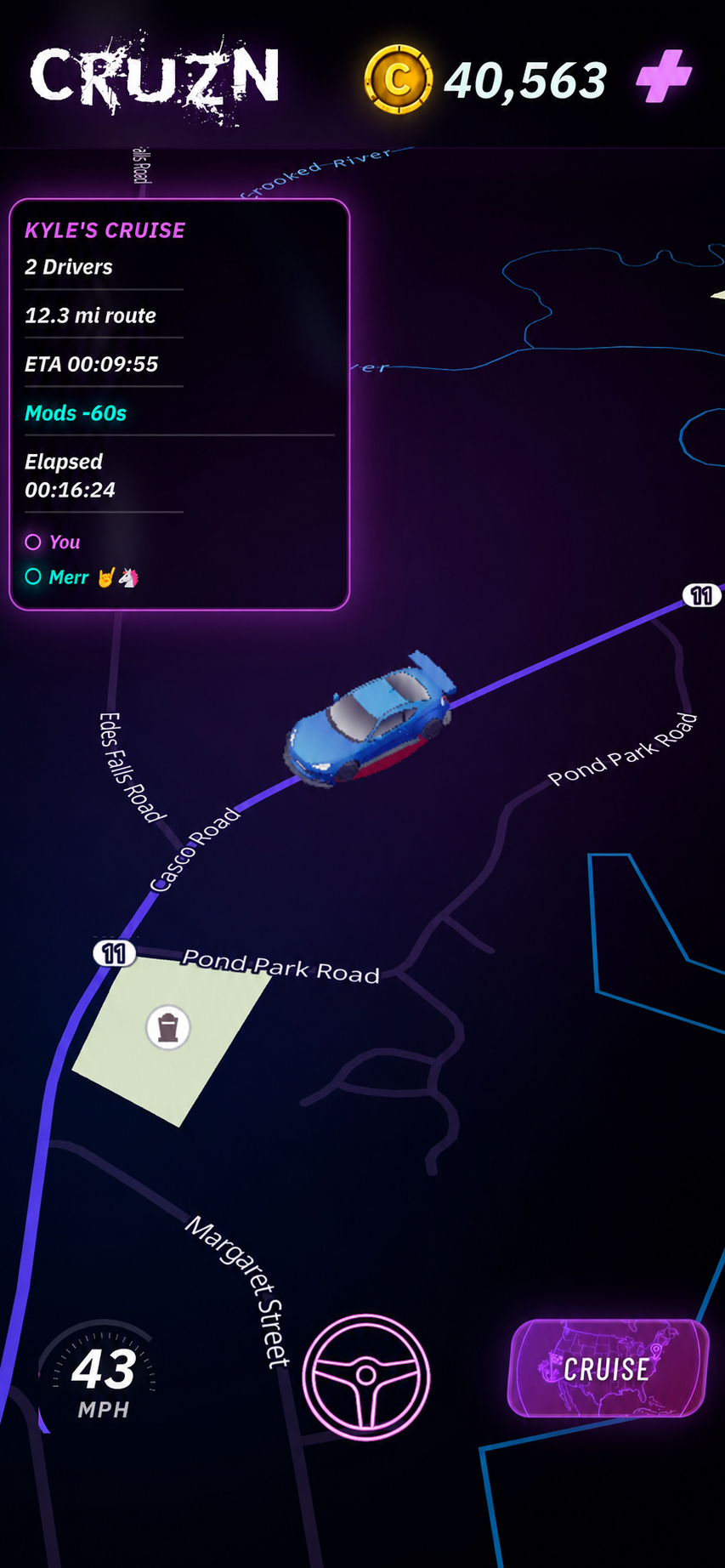CruzN live route planner showing a shared cruise route, driver details, vehicle position, and cruise controls